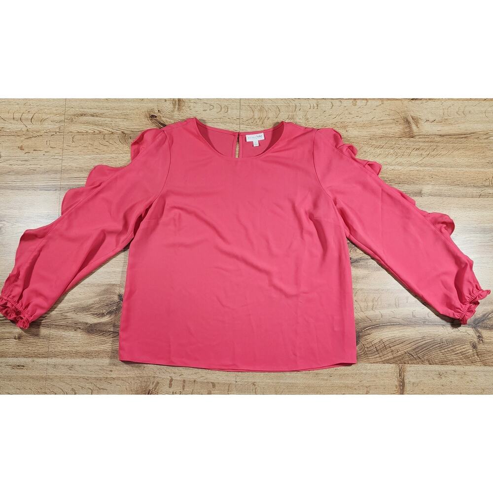 Maison Jules Coral Long Ruffled Sleeve, Semi Sheer Blouse Sz L, Keyhole, Elegant